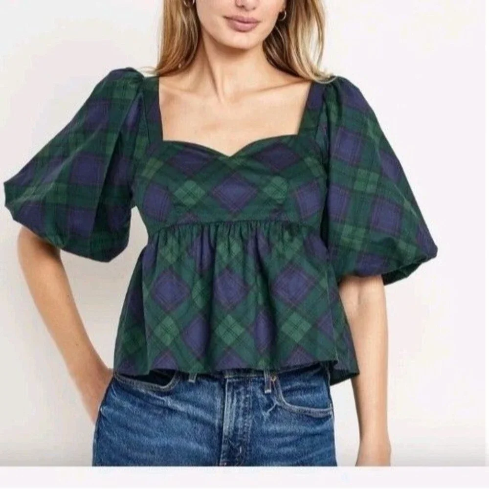 NWT Women's Old Navy Puff Sleeve Poplin Peplum Top Size XL Tartan